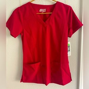 Red XS scrubs top and bottom. Brand is 4Flex